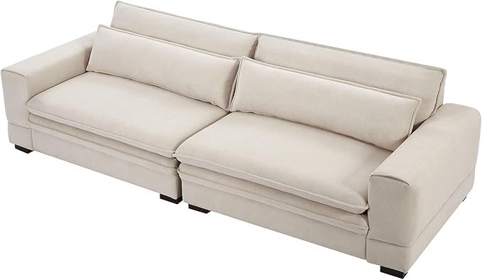 KEIKI 105 Oversized Upholstered Cloud Comfy Sofa with Seat Cushions and Backrest Modern 4-Seater Corner Fluffy Couch with Solid Wooden Legs Easy Assembly for Office Apartment Living Room Beige