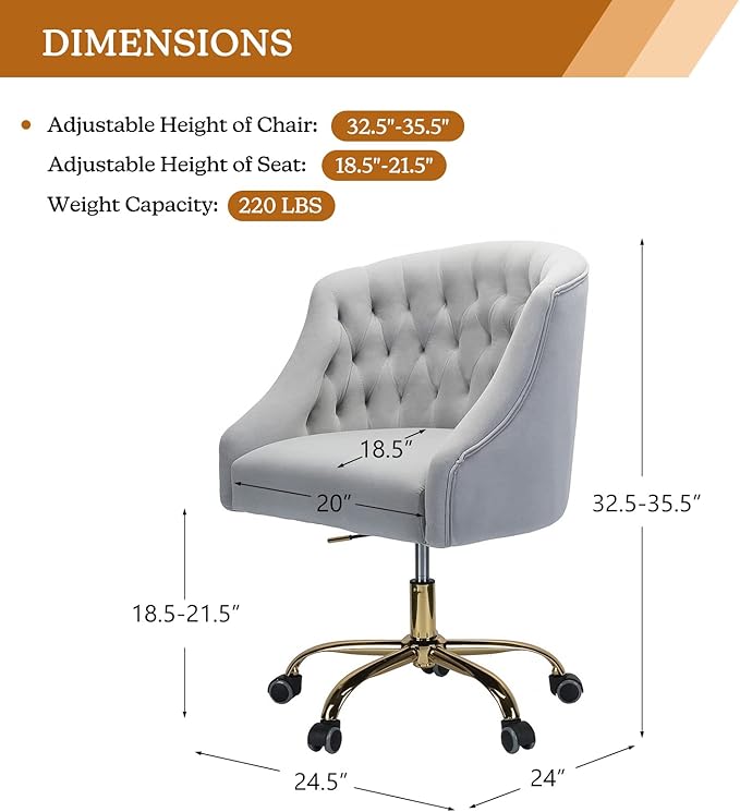 Velvet Home Office Chair with Gold Base Comfortable Modern Cute Desk Chair Adjustable Swivel Task Chair for Living Room Bedroom Vanity Study Grey