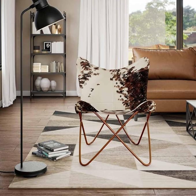 YAFF Brown &amp White Cowhide Leather Butterfly Chair – Ergonomic Comfort Iconic Style Lightweight &amp Durable Powder-Coated Iron Frame Perfect for Living Room Relaxation