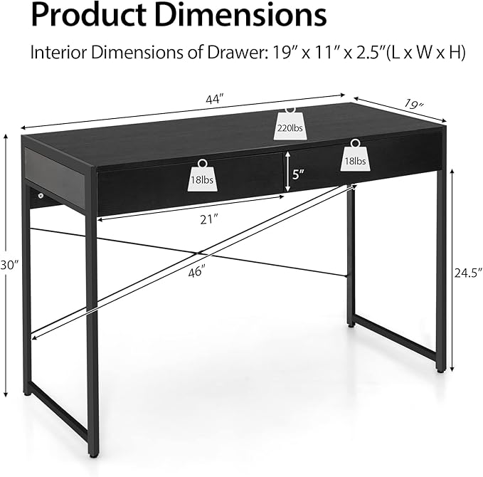 Tangkula Computer Desk with 2 Drawers Simple Wooden Study Writing Desk with Steel Frame 44 Inches Laptop PC Workstation Student Desk Home Office Desk Ideal for Bedroom &amp Office (Black)