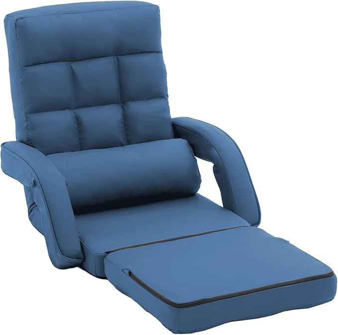 FLOGUOR 14-Position Adjustable Floor Chair Chaise Lounge Indoor Folding Lazy Sofa with Armrests and a Pillow Padded Adults Gaming Chairs for Living Room Bedroom Factory Price8803 (Blue（PU）)