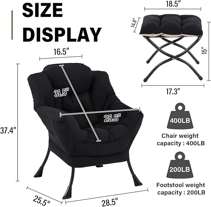 Lazy Chair with Ottoman Modern Accent Chair Contemporary Lounge Leisure Sofa Chair with Armrests Reading Chair and Folding Footstool Set for Living Room Bedroom Office Black