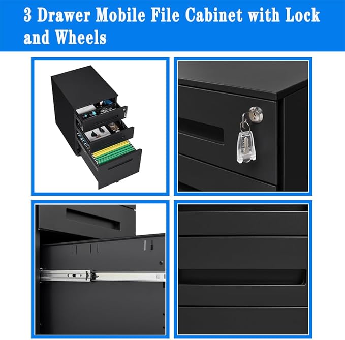 3-Drawer Rolling File Cabinet Metal Mobile File Cabinet with Lock Filing Cabinet Under Desk fits Legal/Letter/A4 Size for Home/Office Fully Assembled Except Wheels (Black)