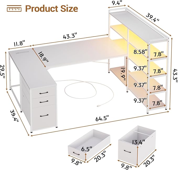 SEDETA L Shaped Office Desk with Drawers 64.5 Reversible Computer Desk with Storage Shelves and Power Outlet Corner Gaming Desk with LED Strip for Home Office White