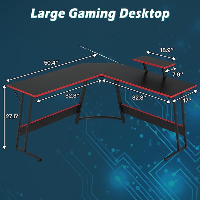 L Shaped Gaming Desk 51 Inch Computer Corner Desk Home Office Desks PC Gaming Table with Monitor Riser Stand for Home Office Writing Workstation Black