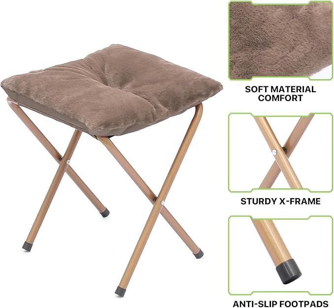 Magshion Folding Saucer Chair for Adults with Ottoman Circle Reading Chair for Bedroom Living Room &amp Dorm Furry Comfy Accent Seat with Metal Leg &amp Thick Padded for Small Spaces (Beige 1 Pa