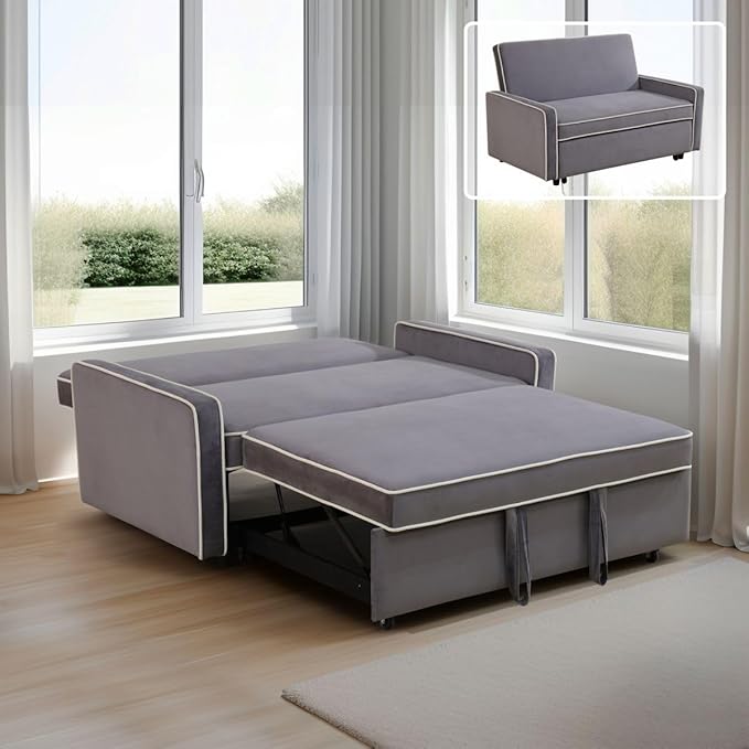 3-in-1 Convertible Sofa Sleeper Bed 2-Seat Comfy Lounge Loveseat with Adjustable Backrest Flannel Pull Out Fabric Lazy Couch Chaise Perfect for Home Apartment Dorm Office Living Room Gray