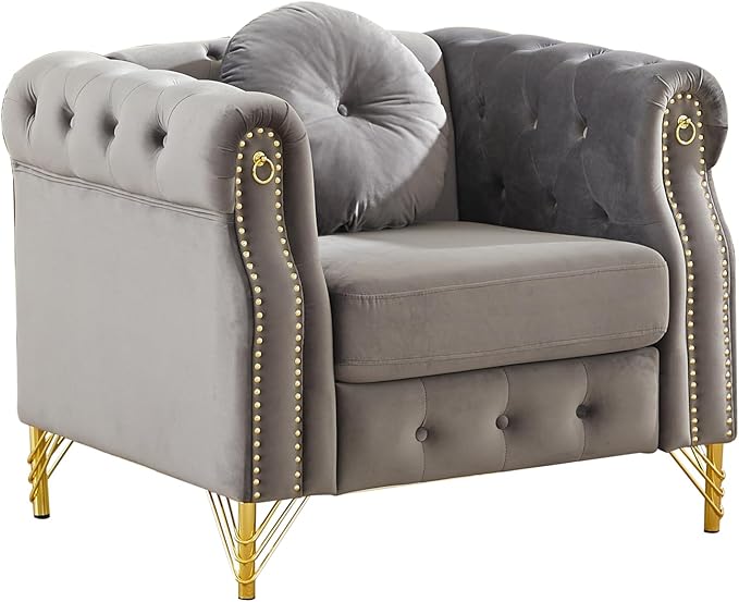 ERYE 37-Inch Chesterfield Button Tufted Single Sofa with Round Pillow Single Seat Velvet Tufted Sofa W/Nailhead DecorRing Accent &amp Golden Legs