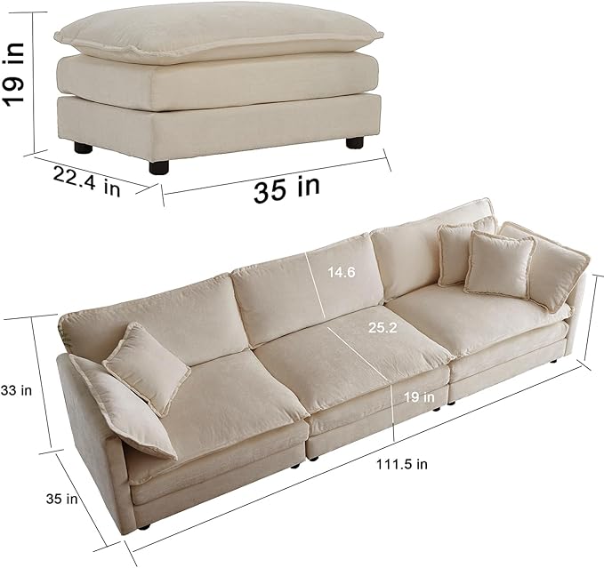 kevinplus 111.5'' Beige Modular Sectional Sofa Couch U-Shaped with Ottoman for Living Room Modern Contemporary Sofa Couch for Apartment Office Chenille Fabric (3-Seat Couch + 2 Ottoman)