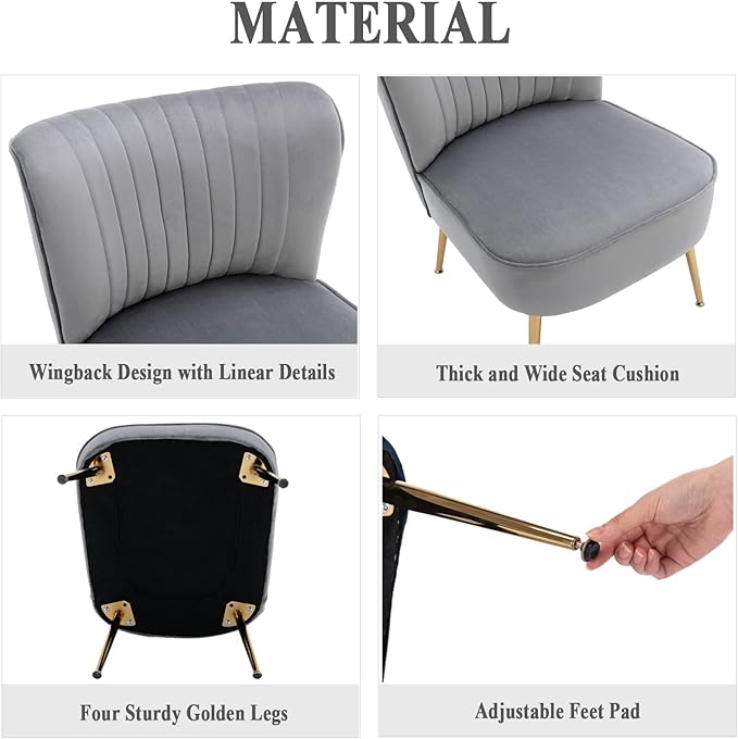 DUOMAY Modern Accent Chair Set of 2 Velvet Slipper Chair with Gold Legs Wingback Side Chair for Living Room Bedroom Entryway Small Corner Chair for Space Saving Grey