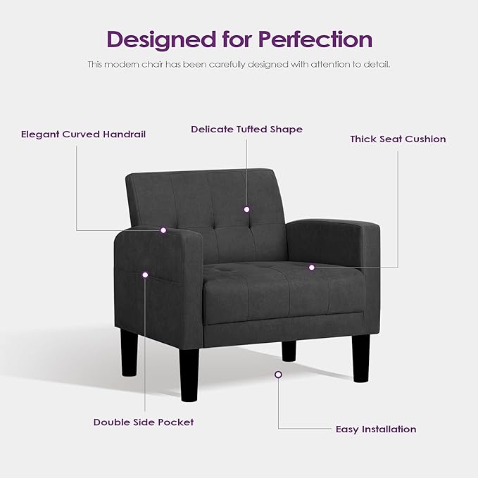 TYBOATLE Accent Chair Living Room Chairs Cozy Tufted Mid Century Modern Accent Chairs with Arms for Bedroom Comfy Reading Arm ChairSmall Chairs for Small SpacesLiving RoomOffice (1 Dark Grey)