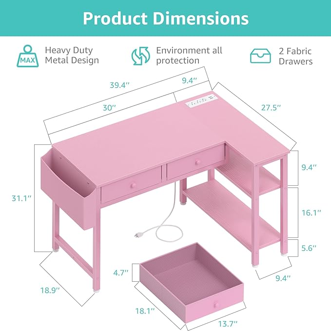 DLisiting Pink Reversible L Shaped Desk with Drawers and Shelves Small Kids Study Vanity PC Computer Desk with Storage for Girls Corner L-Shaped Desks for Small Space Bedroom