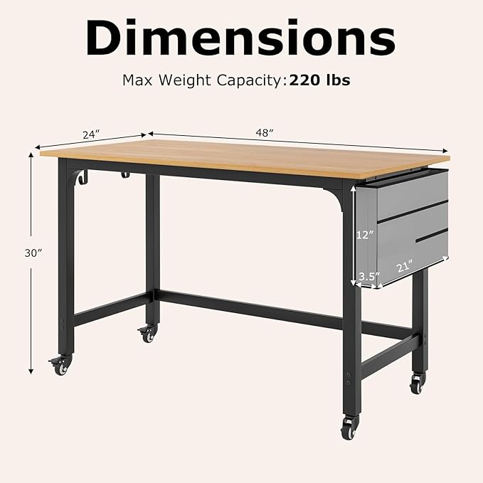 Tangkula 48” Mobile Computer Desk with Storage Bag &amp 2 Hanging Hooks Rolling Home Office Writing Study Desk Rolling PC Workstation with Lockable Universal Casters for Study Room Bedroom