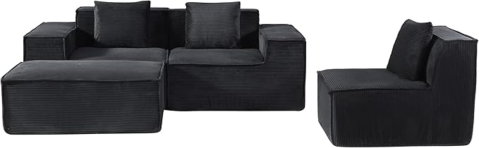 Rowan Convertible Corduroy Sectional Couch with Ottoman &amp Pillows Modular L Shaped Sleeper Sofa Boneless Cloud Couch for Living Room Furniture Black