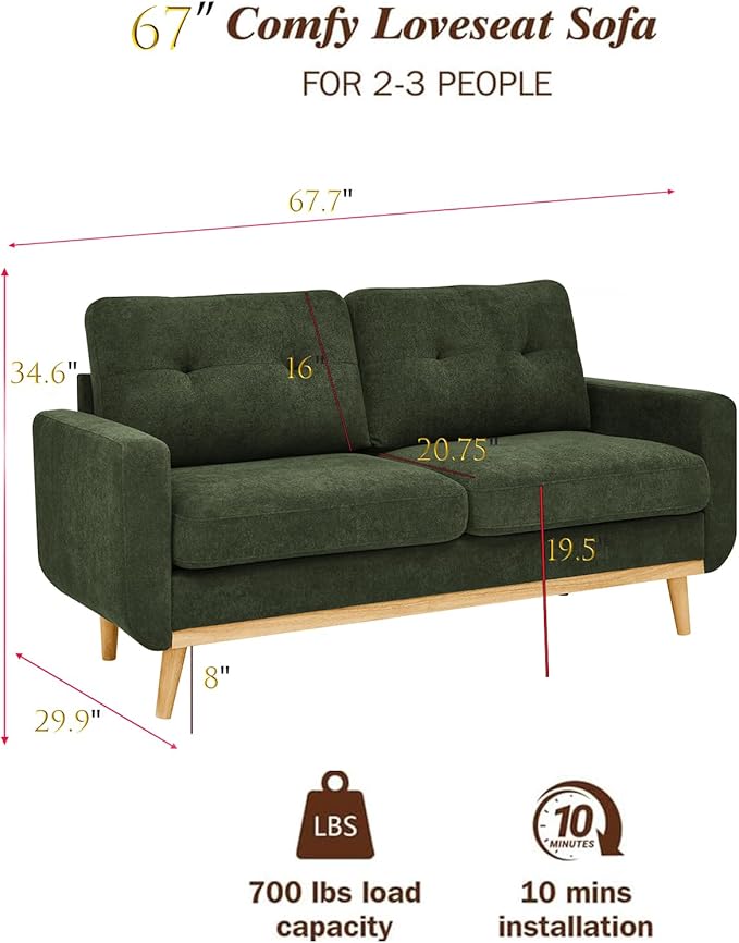 65 W Green Loveseat Sofa Mid Century Modern Love Seat Couches for Living Room Button Tufted Upholstered Small Couch for Bedroom Wood Legs and Easy to Install Love Seats Furniture (Dark Green)
