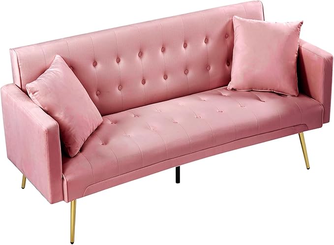 Anwick Modern Velvet Futon Sofa Bed: 72 Satin Convertible 2 Pillows Tufted Back Golden Metal Legs Folding Sleeper Loveseat for Small Space Home Office Living Room (Pink)