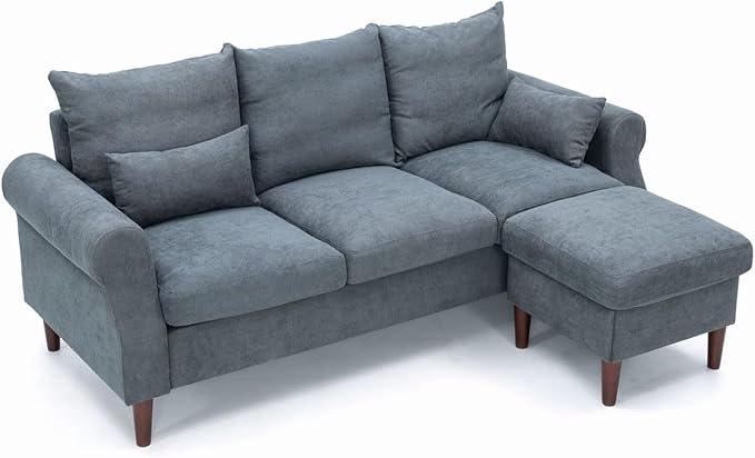 Panana 2 3 5 6 Seater Upholstered Sofa Couch Linen Fabric/Artificial Leather L Shaped Corner Sectional Loveseat Ottoman Modern Living Room Sofa (Gray Linen 3 Seater with Ottoman)