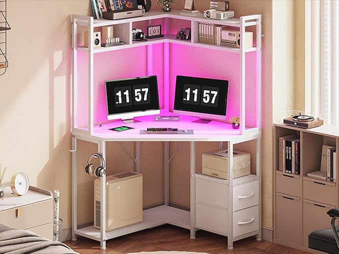 Corner Desk 35.4 W x 63 H White Office Desk and Small Gaming Desk with Hutch &amp LED Lights Computer Desk with Drawers for Storage &amp Shelves and Hook for Small Space White