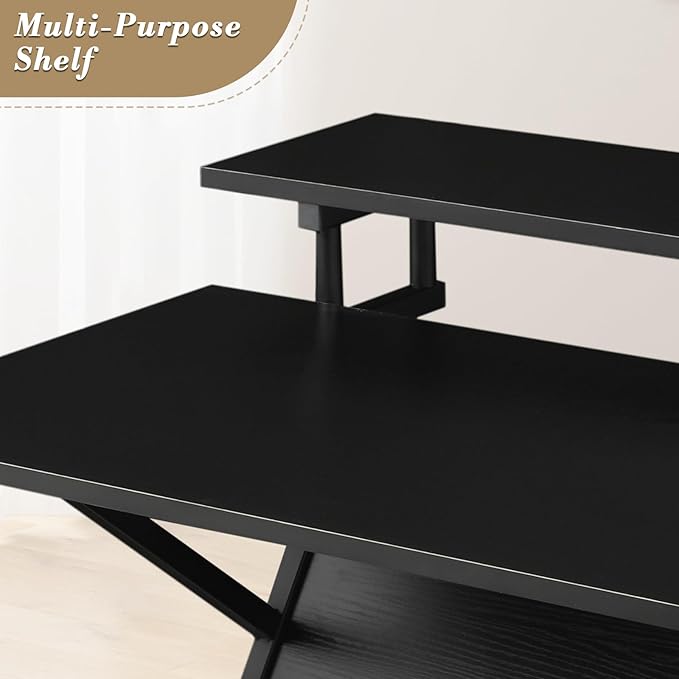 Athena Collection Gaming Desk Z-Shaped Computer Desk with Shelves Small Desk Standing Desk Gaming Table Metal Frame Wood Writing Desk for Bedroom Office Living Room Black
