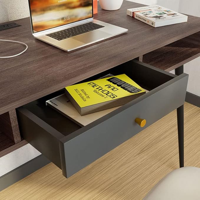 kevinplus Modern Mid-Century Desk with Drawer 46.8'' with Fast Charge USB Port &amp Power Outlet Study PC Computer Writing Desk with Type-C Ports Charging Station Home Office Desk Walnut &amp Dar