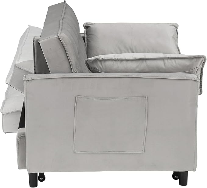 55 Modern Velvet Loveseat Sleeper Sofa 3-in-1 Convertible Pull-Out Bed with Adjustable Backrest 2 Pillows &amp Side Pockets Small Pull Out Couch for Living Room Apartment(Gray)