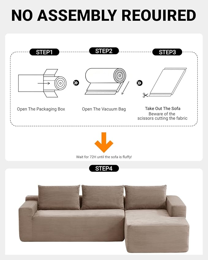 96 Inch Cloud Sectional CouchModern Modular Sectional Sofa with Deep SeatCorduroy Boneless Couches with L-Shape Chaise for Living Room BedroomNo Assembly Required (Camel Right Facing Chaise)