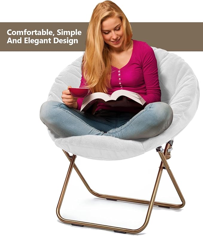 Cozy Saucer Chair Living Room Chair Faux Fur Soft Thick Padded Seat Metal Frame Folding Chair Comfortable Moon Chair for Living Room Bedroom Reading Nook Modern Style 2 Pack White