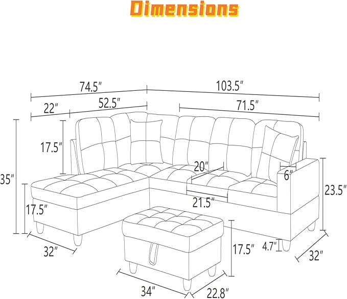 FONTOI L Shaped Sectional Couch with Otttoman 103 Sectional Sofa for Living Room Flannel Modular Couches with Cup Holders for Bedroom Apartments Beige &ampBrown