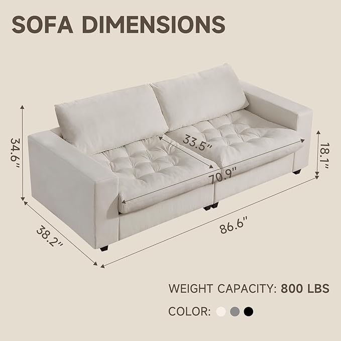 87'' Sofa Couch with Hidden Storage Space Modern Sofa for Living Room Comfy Upholstered 2-Seater Large Couch with Extra Deep Seat for Apartment White