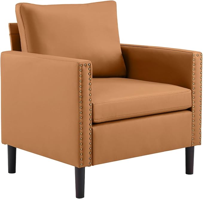Modern PU Leather Accent Chair Mid-Century Armchair for Living Room Comfy Upholstered Reading Accent Chairs for Bedroom and Office Single Sofa Chair with Wood Legs (Brown 1 Pack)