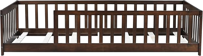 Bellemave Twin Floor Bed with Slats and Safety Guardrails Twin Size Montessori Floor Bed with Fence and Without Door Easy Assemble Montessori Beds Frame for Girls Boys Pink Espresso