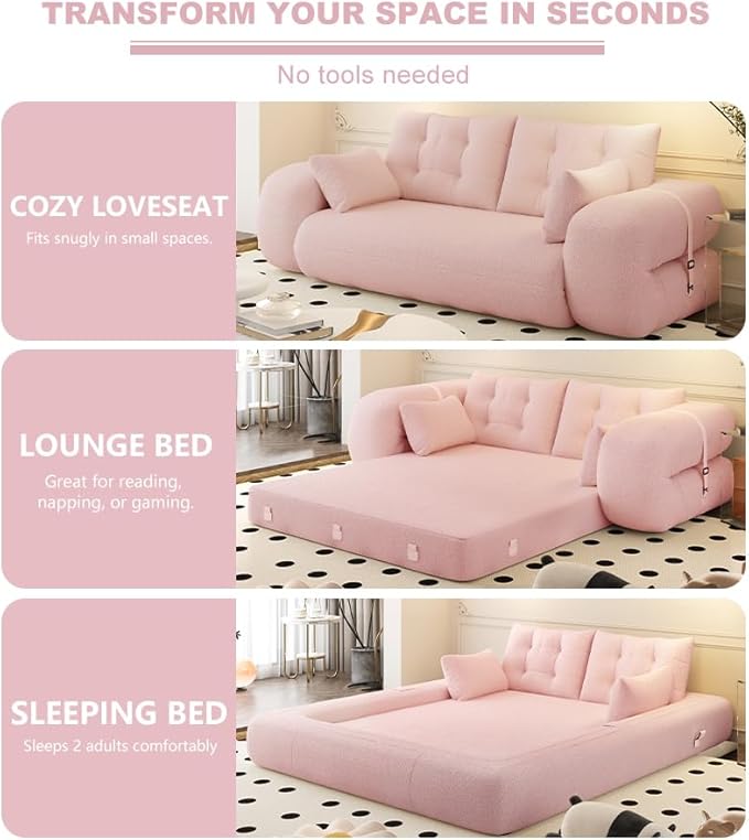 78.7 King Foldable Sofa Bed Lazy Sofa Couch 3-in-1 Multi-Functional Sleeper Sofa Bed Teddy Futon Sofa Floor Loveseat Sofa Human Dog Bed Bean Bag Lounge Recliner for Living Room Pink
