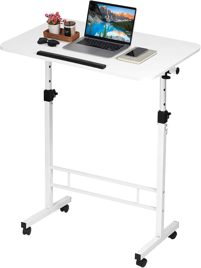 Small Standing Desk Adjustable HeightRolling Computer DeskMobile Standing Desk with WheelsPortable Stand Up DeskTall Computer TableAdjustable Desktop Sit Stand DeskSize 31.5x15.7 Inch White