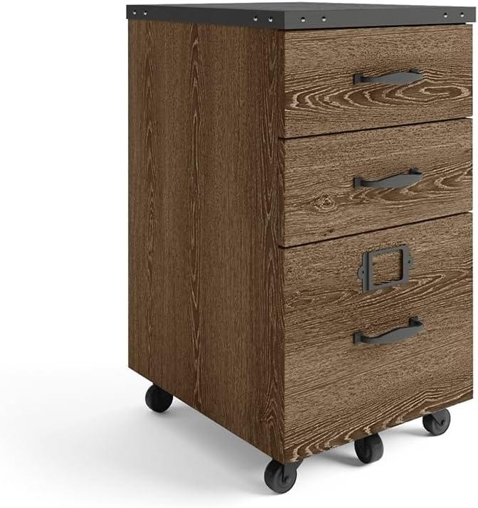 NBF Rivet 3 Drawer Mobile File Cabinet - Rolling Storage Pedestal with Locking File Drawer and Handles - Fully Finished Back for Modern Office Organization 16 W Weathered Oak