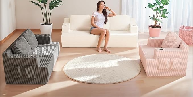 Homall 42” Single Sofa Foam Couch for Small Spaces Upholstered Floor Sofa with Cup Holder &amp Storage Pocket Boneless Couch for Bedroom Living Room (Grey Single)