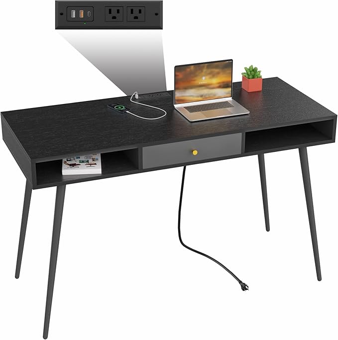 JUSTONE 47 Computer Desk for Home Office - Modern Study Desk with Built-in USB Ports &amp Power Outlet - Multi-Functional Writing Desk/Makeup Vanity - Industrial Two-Tone Black Oak &amp Dark Grey F