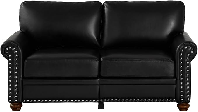 KEIKI 59.45 Chesterfield Sofa Retro Style Upholstered Faux Leather PU Couch with Storage Space Rolled Arm Nailhead for Living Room Bedroom Office Apartment Black