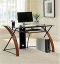 BOWERY HILL Computer Desk 46.88 W x 24 D x 30 H Solid Wood and Wood Veneer Oak and Black Finish Gray Tempered Glass Top Pull-Out Keyboard Tray Sturdy Metal Poles Modern Home Office Desk