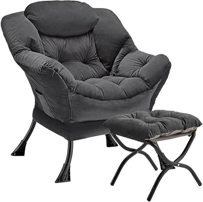 Lazy Chair with Folding Ottoman Modern Large Accent ChairContemporary Lounge Leisure Sofa Chair with Armrests Upholstered Sofa Armchair Reading Chair for BedroomDorm &amp Office (Dark Grey-f)