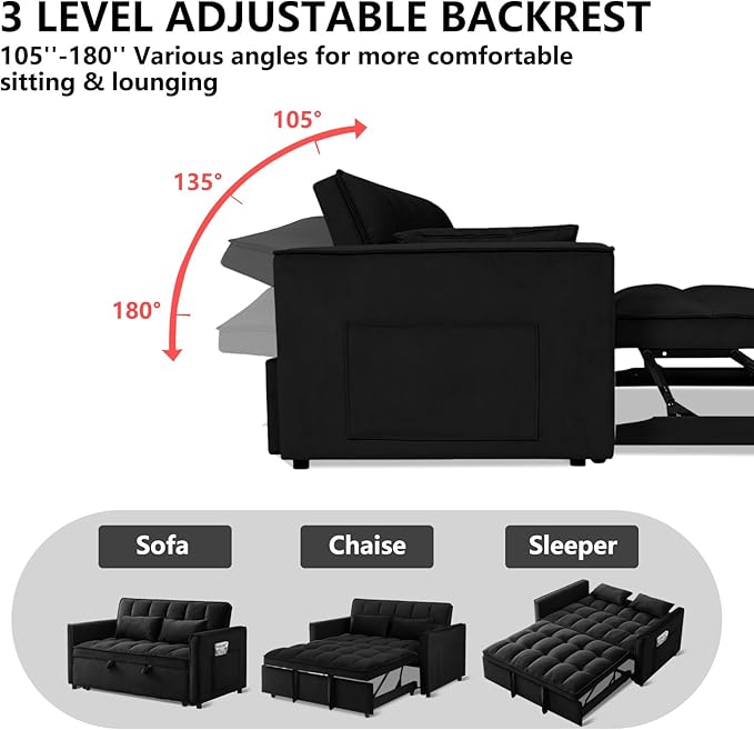 53'' Convertible Sleeper Sofa Bed Modern Velvet Fabric Adjustable Backrest Side Pocket and 2 Pillows 3-in-1 Pull Out Loveseat Couch for Living Room Bedroom Small Spaces Black