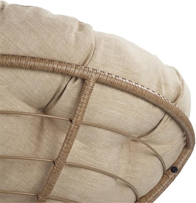 Pemberly Row Papasan Chair Cream Round Pillow Cushion Natural Resin Wicker Weave Metal Frame 360° Swivel 40 W x 36 D x 35.25 H Accent Chair for Living Room Family Room or Dorm