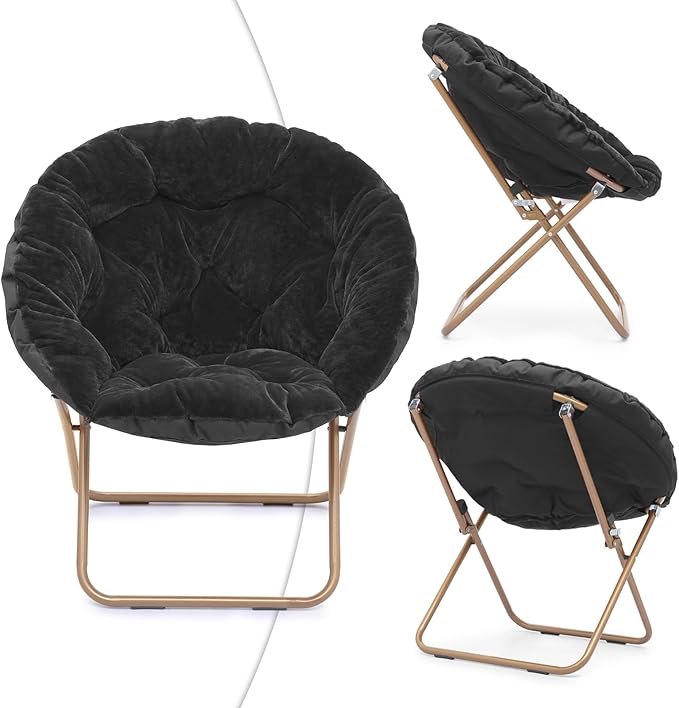 Magshion Folding Saucer Chair for Adults with Ottoman Circle Reading Chair for Bedroom Living Room &amp Dorm Furry Comfy Accent Seat with Metal Leg &amp Thick Padded for Small Spaces (Black 2 Pa