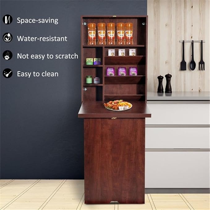 Pemberly Row Wall-Mounted Folding Desk Brown Wooden Finish Compact Space-Saving Design with Storage Shelves Adjustable Compartments Ideal for Home Office Study Room Kitchen or Crafting Station