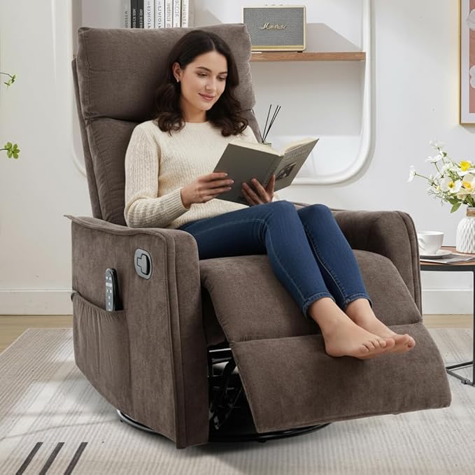Swivel Rocker Recliner Chair 360° Swivel Recliner with Heat and Massage Rocker Recliner Easy to Clean Nursery Glider Recliner Chair with Side Pockets for Living Room Brown