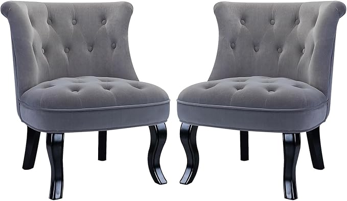 HULALA Home Velvet Accent Chair Set of 2 Modern Upholstered Fabric Armless Wingback Chair with Solid Wood Legs Comfy Tufted Vanity Club Chair for Reading Living Room Bedroom Guest Room Grey