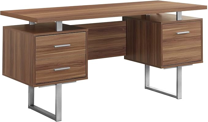 BOWERY HILL Computer Desk 60 W x 24 D x 30 H Walnut Finish Metal Legs 2 Drawers and File Drawer Floating Top Design Modern Home Office Desk for Laptop and Writing