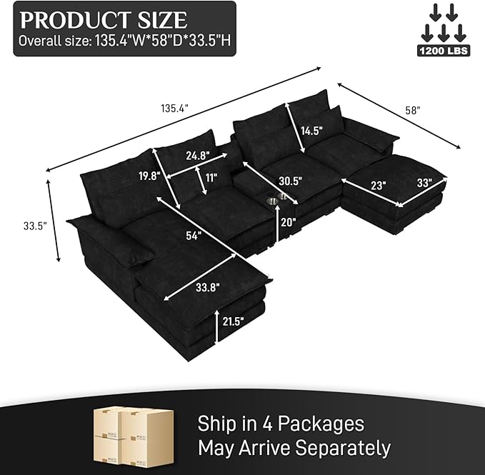 OUYESSIR 135 U Shaped Sectional Cloud CouchBlack Sectional Couches for Living RoomComfy Fluffy Chenille Oversized Cloud CouchModular Sectional Sofa with Central Console &amp Double Chaise Lounge