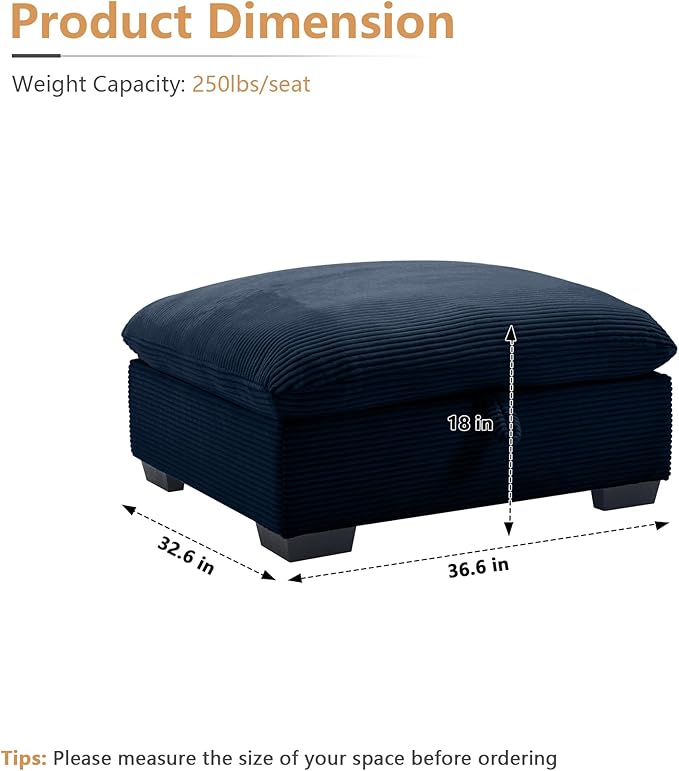 Corduroy Deep Seat Upholstered Couches Ottoman for Oversized Modular Sectional Sofa Storage Blue
