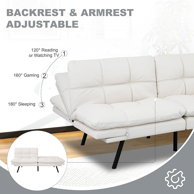 MUUEGM Futon Sofa Bed Convertible CouchMemory Foam Futon Sofa CouchSleeper Futons Sofa CouchesSmall Splitback Modern Loveseat Sofa Bed for Living RoomOfficeApartmentFaux LeatherWhite.
