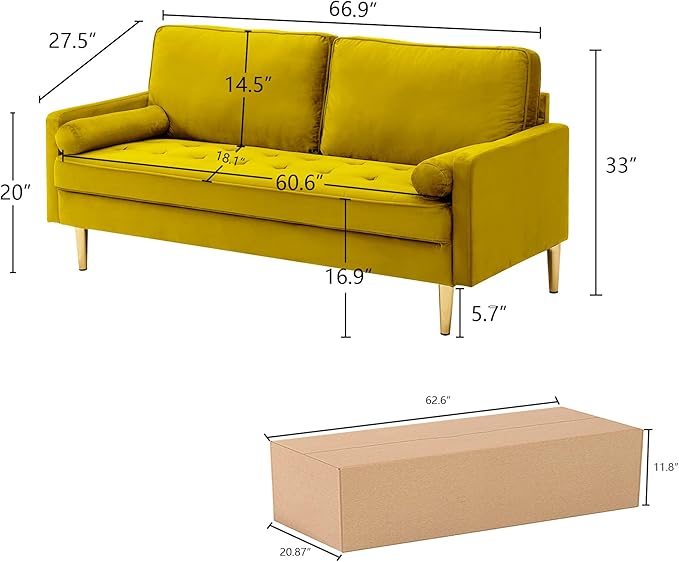 65'’ Velvet Upholstered Loveseat Sofa with Gold Metal Legs Modern Tufted Backrest Couch Solid Wood Frame for Living Room BedroomApartmentOfficeSmall Space (Yellow)